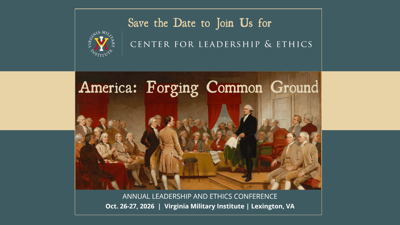 Graphic image featuring painting of the Constitutional Congress meeting of America's Founding Father